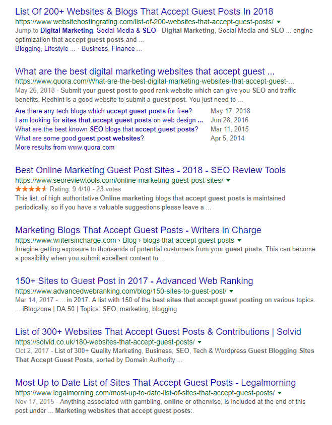 A preview of Google results for “websites that accept guest posts online marketing”