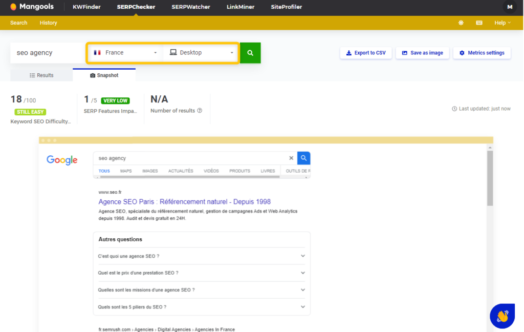 setting and analyzing local SERP for France in SERPChecker
