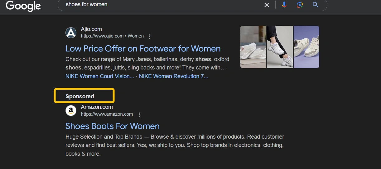 Example of organic and paid search results