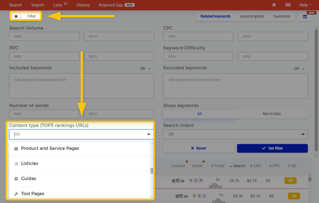 filtering content types in KWFinder - example